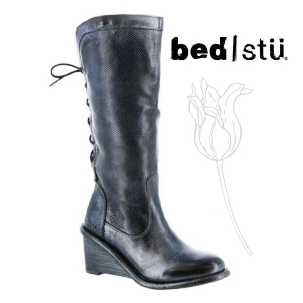 NWT Bed Stu Empress Black Metallic Rustic Wedge Lace-Up Leather Tall Boots Sz 9